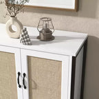 Meuble de rangement en rotin, buffet blanc avec rangement spacieux et 2 portes décorées en rotin, meuble de rangement pour salle à manger, salon