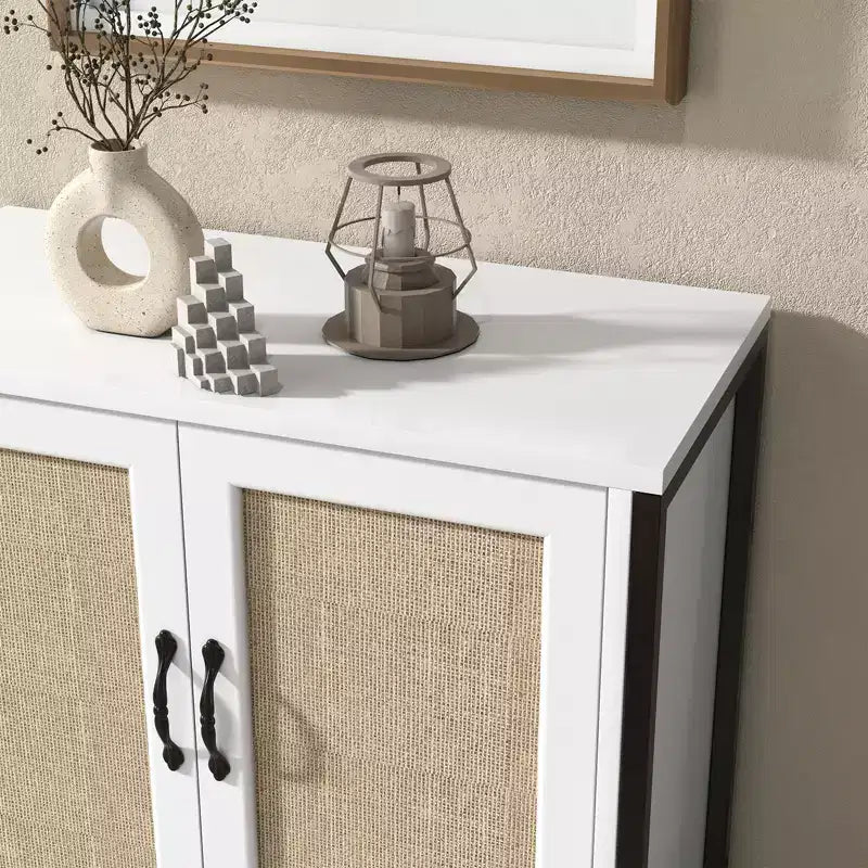 Meuble de rangement en rotin, buffet blanc avec rangement spacieux et 2 portes décorées en rotin, meuble de rangement pour salle à manger, salon