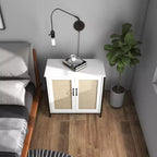 Meuble de rangement en rotin, buffet blanc avec rangement spacieux et 2 portes décorées en rotin, meuble de rangement pour salle à manger, salon