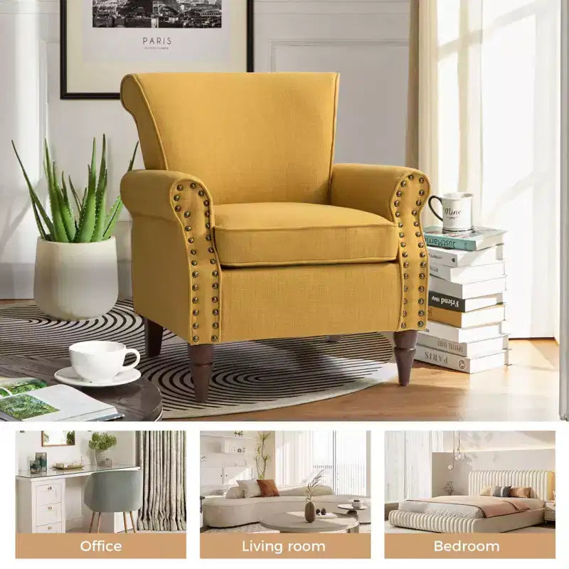 Fauteuil rembourré Cythnus avec pieds en bois massifHULALA HOME-MOUTARDE