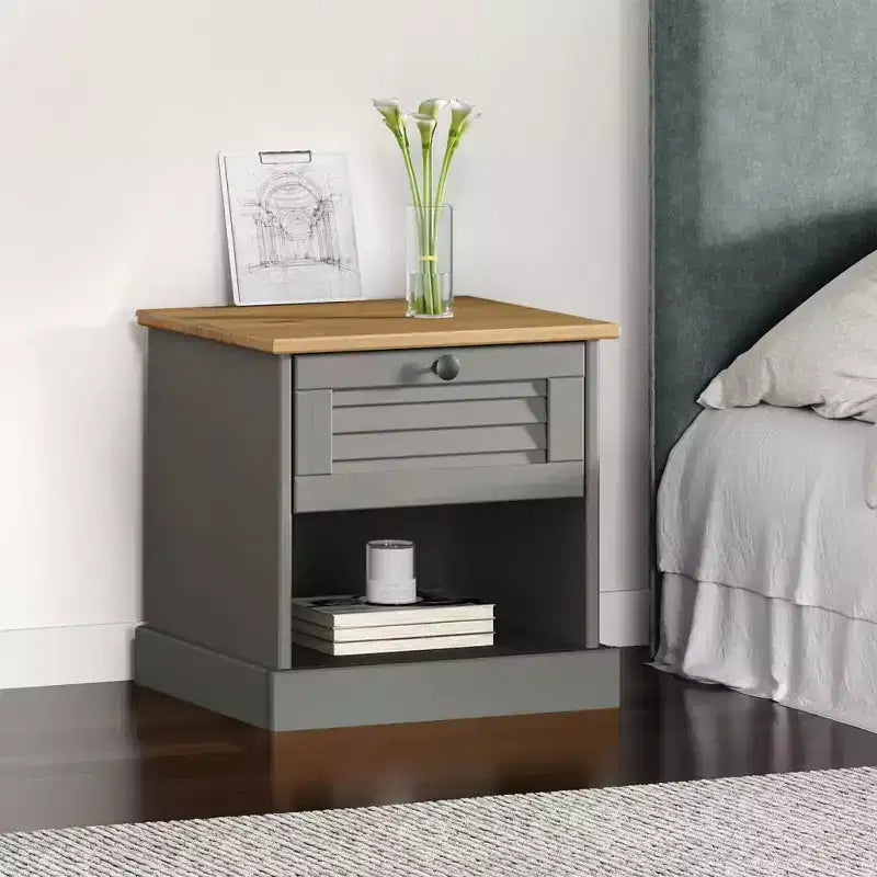 Bedside Cabinet Grey Solid pine wood, engineered wood, metal
