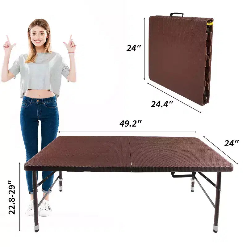 Table pliante en rotin 120 cm - Table de pique-nique portable robuste pour fêtes, repas, camping avec poignée