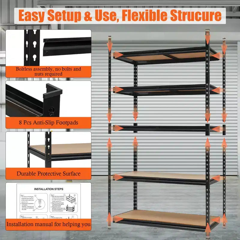 Étagères de garage robustes, étagères de rangement réglables à 5 niveaux, 152x61x183cm, étagères de rangement réglables, unité d'étagères métalliques utilitaires