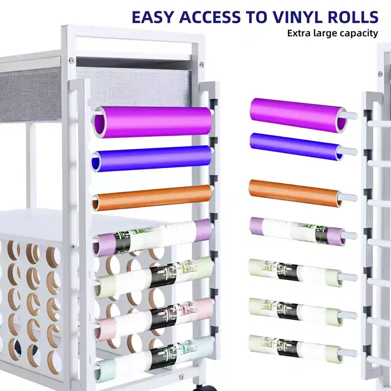 Chariot de rangement et d'organisation pour loisirs créatifs compatible avec machine Cricut, chariot de rangement roulant avec tiroir en tissu, crochet et support pour 47 rouleaux de vinyle
