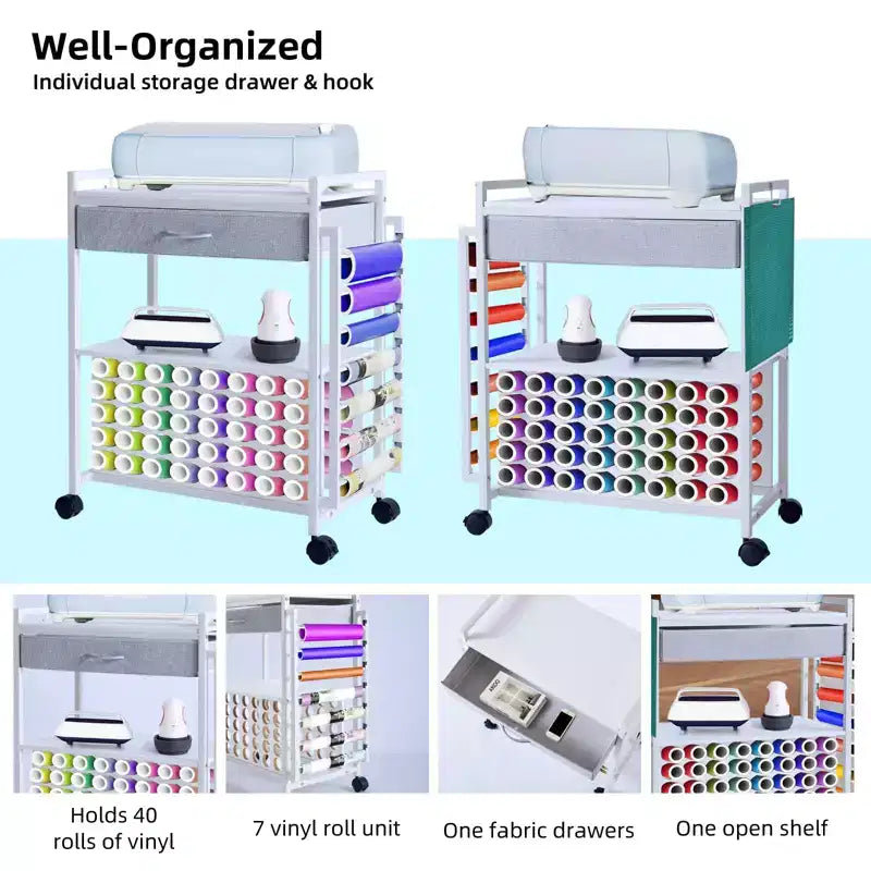 Chariot de rangement et d'organisation pour loisirs créatifs compatible avec machine Cricut, chariot de rangement roulant avec tiroir en tissu, crochet et support pour 47 rouleaux de vinyle