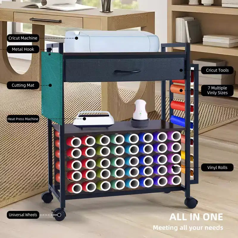 Chariot de rangement et d'organisation pour loisirs créatifs compatible avec machine Cricut, chariot de rangement roulant avec tiroir en tissu, crochet et support pour 47 rouleaux de vinyle