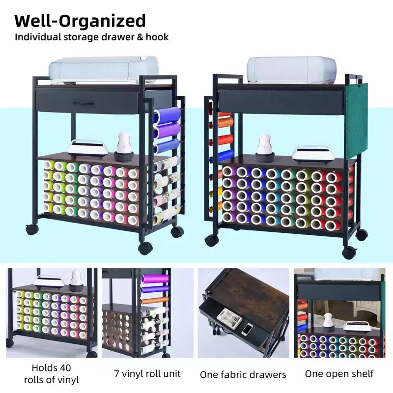 Chariot de rangement et d'organisation pour loisirs créatifs compatible avec machine Cricut, chariot de rangement roulant avec tiroir en tissu, crochet et support pour 47 rouleaux de vinyle