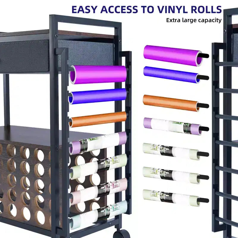 Chariot de rangement et d'organisation pour loisirs créatifs compatible avec machine Cricut, chariot de rangement roulant avec tiroir en tissu, crochet et support pour 47 rouleaux de vinyle