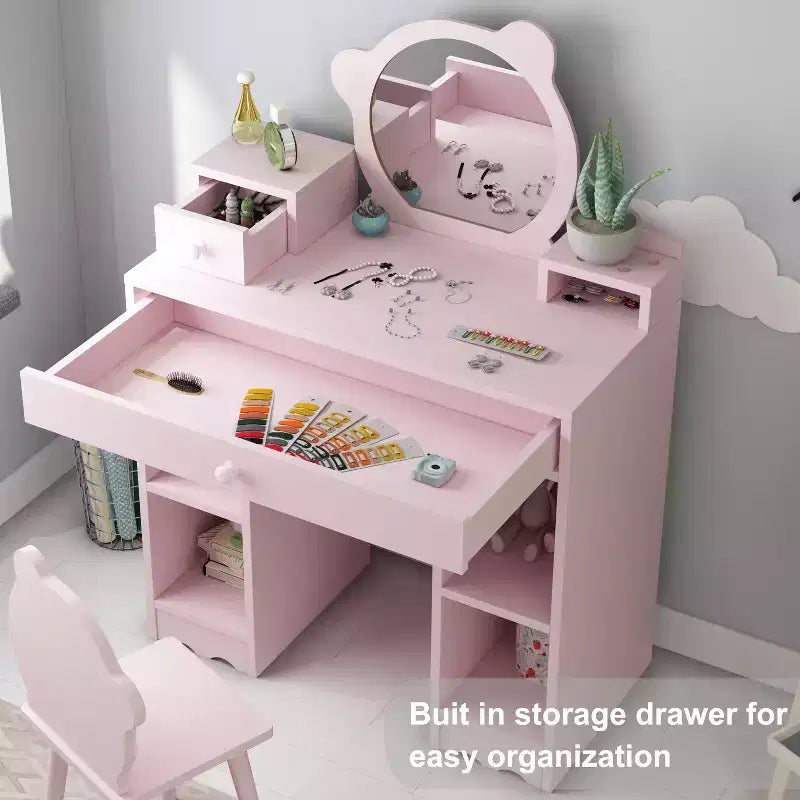 Coiffeuse pour enfants avec tiroirs et étagères – Table de maquillage pour enfants, parfaite pour les salles de jeux et les chambres à coucher