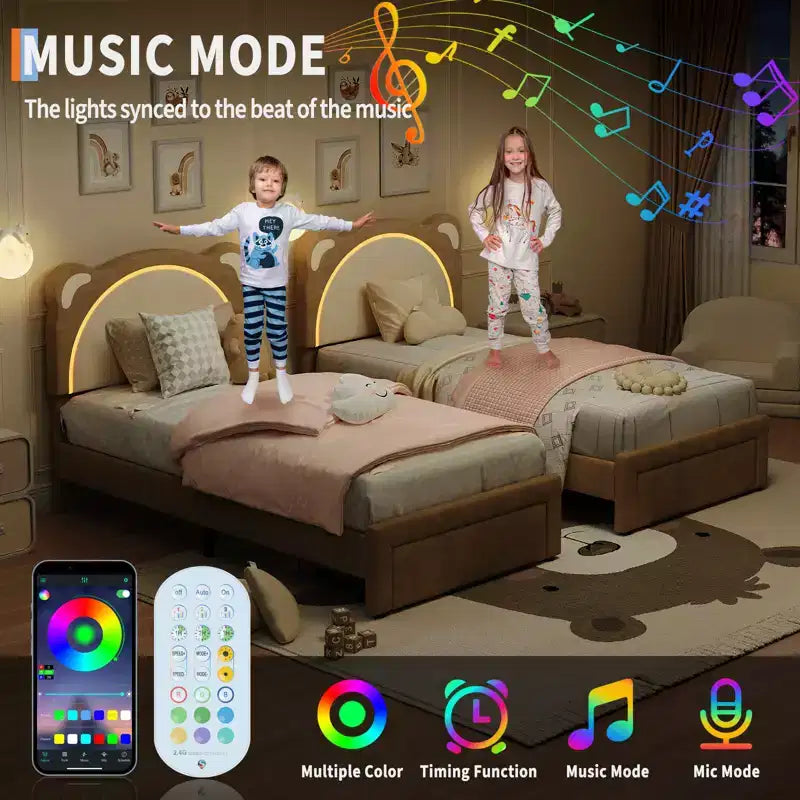 Cadre de lit double, Cadre de lit plateforme rembourré avec tête de lit réglable et LED intelligente, Support à lattes en bois, Aucun sommier tapissier requis