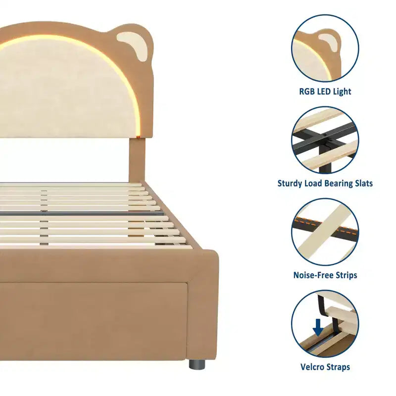 Cadre de lit double, Cadre de lit plateforme rembourré avec tête de lit réglable et LED intelligente, Support à lattes en bois, Aucun sommier tapissier requis