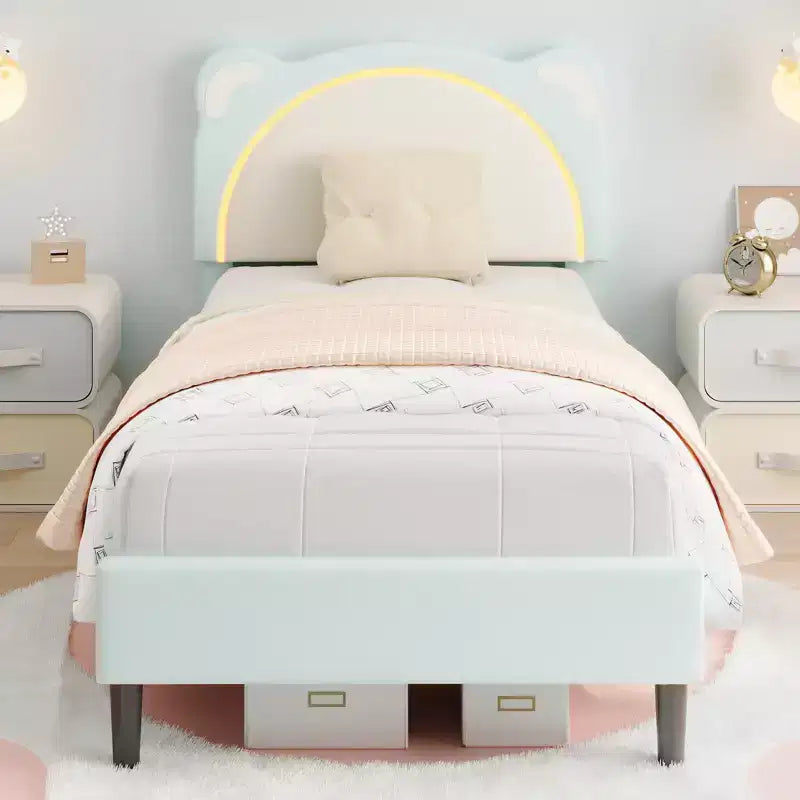 Cadre de lit double, Cadre de lit plateforme rembourré avec tête de lit réglable et LED intelligente, Support à lattes en bois, Aucun sommier tapissier requis