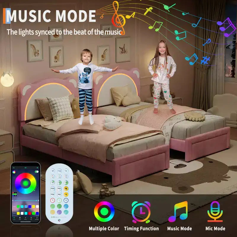 Cadre de lit double, Cadre de lit plateforme rembourré avec tête de lit réglable et LED intelligente, Support à lattes en bois, Aucun sommier tapissier requis