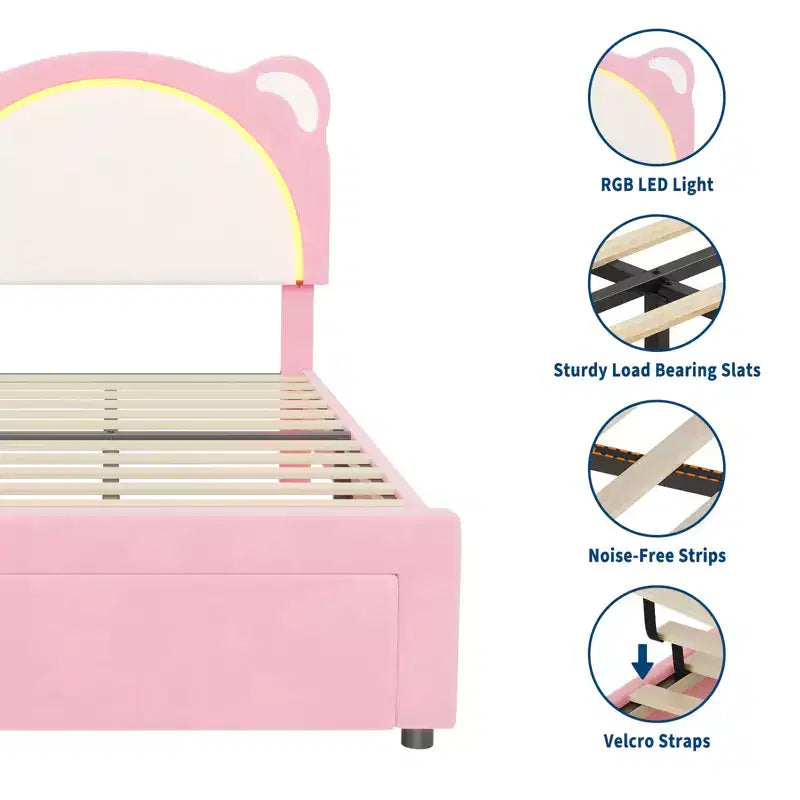 Cadre de lit double, Cadre de lit plateforme rembourré avec tête de lit réglable et LED intelligente, Support à lattes en bois, Aucun sommier tapissier requis
