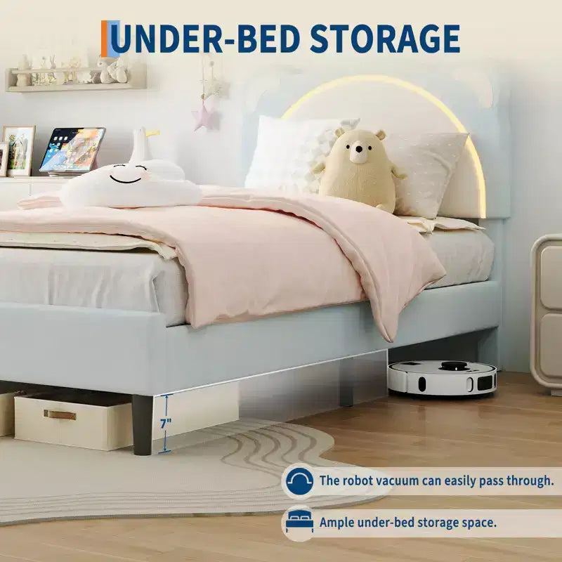 Cadre de lit double, Cadre de lit plateforme rembourré avec tête de lit réglable et LED intelligente, Support à lattes en bois, Aucun sommier tapissier requis
