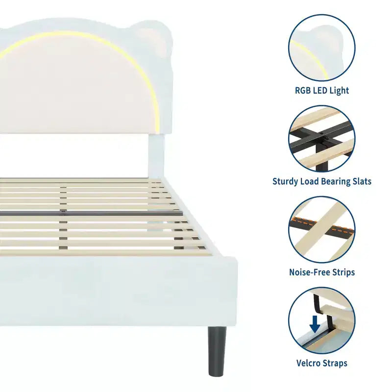 Cadre de lit double, Cadre de lit plateforme rembourré avec tête de lit réglable et LED intelligente, Support à lattes en bois, Aucun sommier tapissier requis