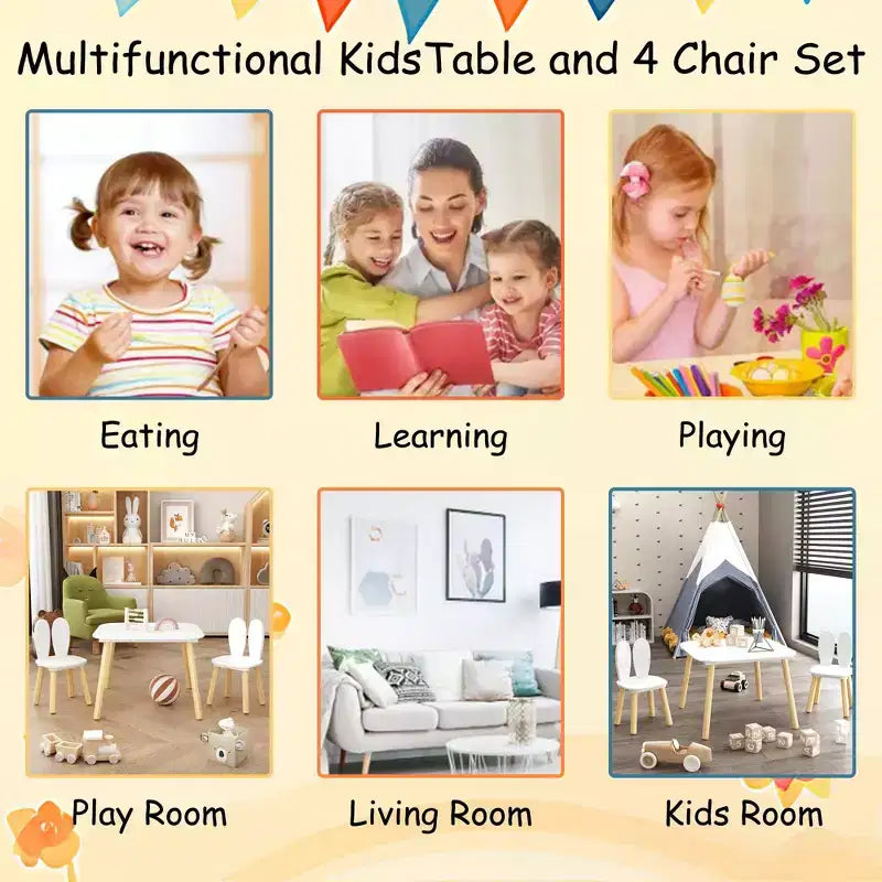 JVNOXK Bureau et Chaise pour Enfants (inclut 2 chaises), Ensemble de Bureau et Chaises 3 Pièces Thème Lapin pour Tout-Petits, Pieds en Bois Massif (Blanc)