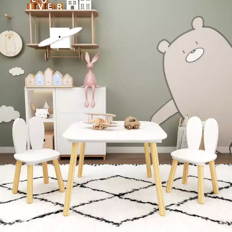 JVNOXK Bureau et Chaise pour Enfants (inclut 2 chaises), Ensemble de Bureau et Chaises 3 Pièces Thème Lapin pour Tout-Petits, Pieds en Bois Massif (Blanc)