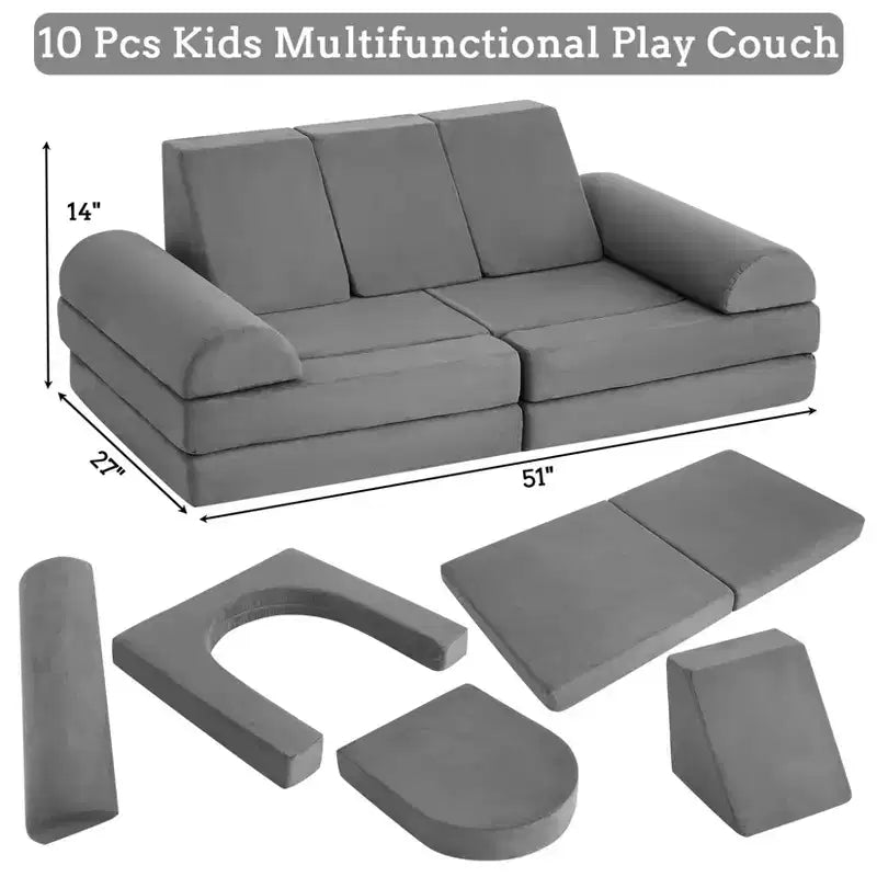 Canapé de jeu modulaire pour enfants, 10 pièces, canapé souple en mousse pour tout-petits avec piscine à balles pour garçons et filles, canapé sectionnel convertible pour enfants, gris