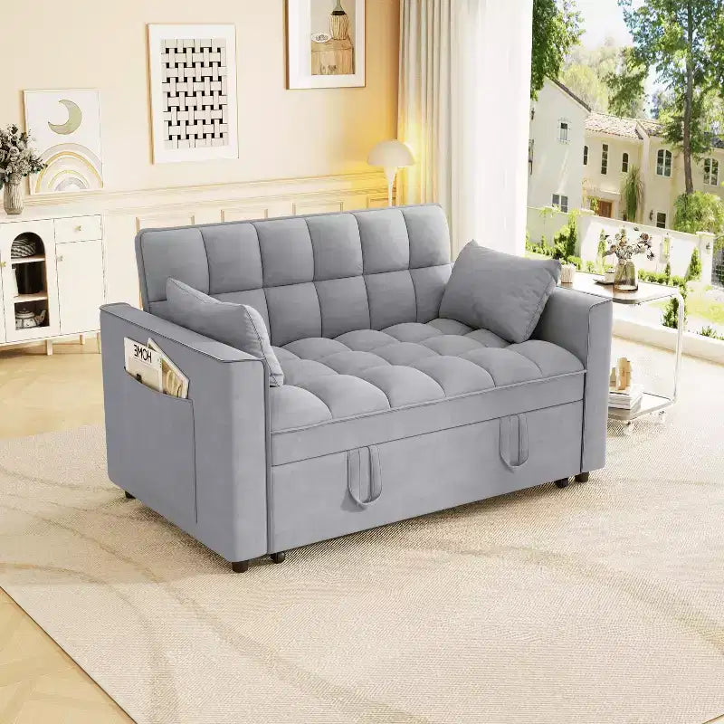 MAYEERTY Sleeper Sofa Couch Pull Out Bed Modern Velvet Convertible Small Love Seat with Pillows Sode Pockets for Small Space Light Gray