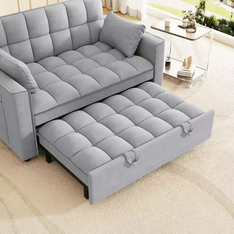 MAYEERTY Canapé-lit convertible moderne en velours avec oreillers et poches latérales pour petits espaces, gris clair
