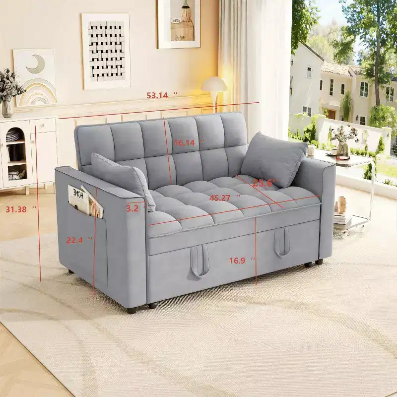 MAYEERTY Canapé-lit convertible moderne en velours avec oreillers et poches latérales pour petits espaces, gris clair
