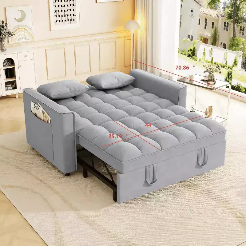 MAYEERTY Canapé-lit convertible moderne en velours avec oreillers et poches latérales pour petits espaces, gris clair