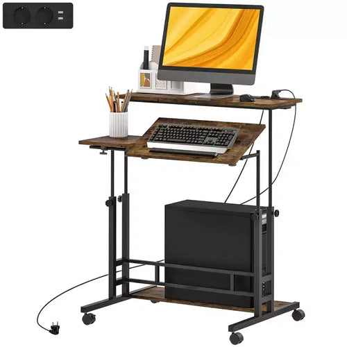 Adjustable Standing Desk with Power Outlets, Stand Up Desk with Tiltable Tabletop, Wheels, Shelf, for Home Office
