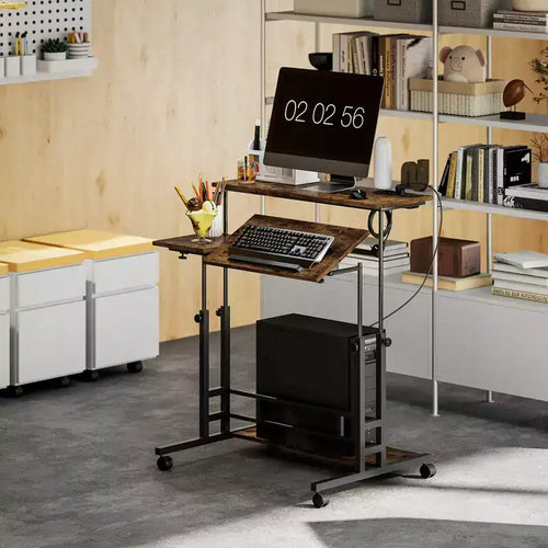 Bureau debout réglable avec prises de courant, bureau assis-debout avec plateau inclinable, roulettes, étagère, pour bureau à domicile