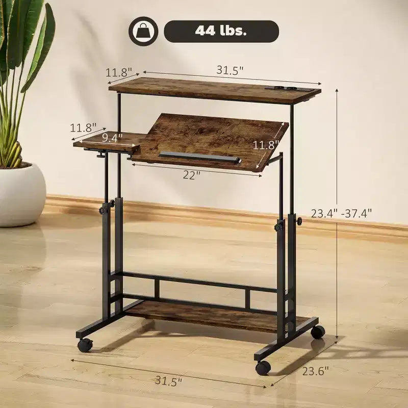 Bureau debout réglable avec prises de courant, bureau assis-debout avec plateau inclinable, roulettes, étagère, pour bureau à domicile