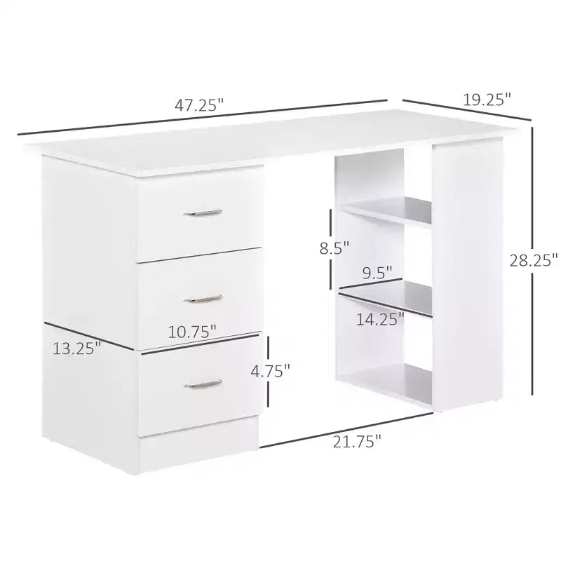 47 Bureau d'ordinateur de maison moderne combiné avec étagère, table d'écriture, poste de travail avec 3 tiroirs et étagère de rangement