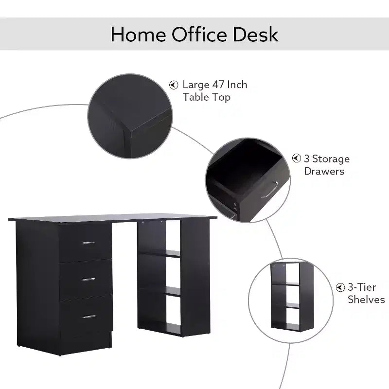 47 Bureau d'ordinateur de maison moderne combiné avec étagère, table d'écriture, poste de travail avec 3 tiroirs et étagère de rangement