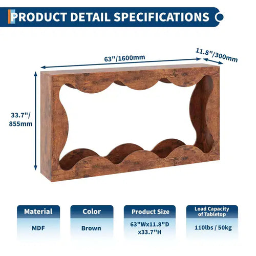 Console de 63 po pour entrée, table de canapé étroite rectangulaire en bois derrière le canapé, table d'entrée festonnée pour le couloir de salon