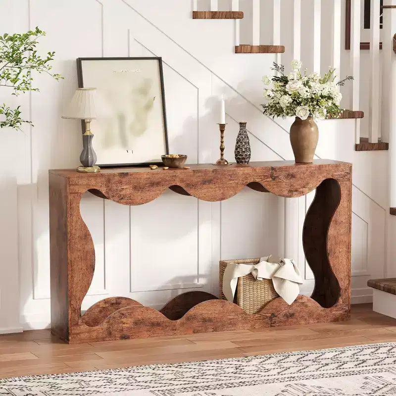 Console de 63 po pour entrée, table de canapé étroite rectangulaire en bois derrière le canapé, table d'entrée festonnée pour le couloir de salon
