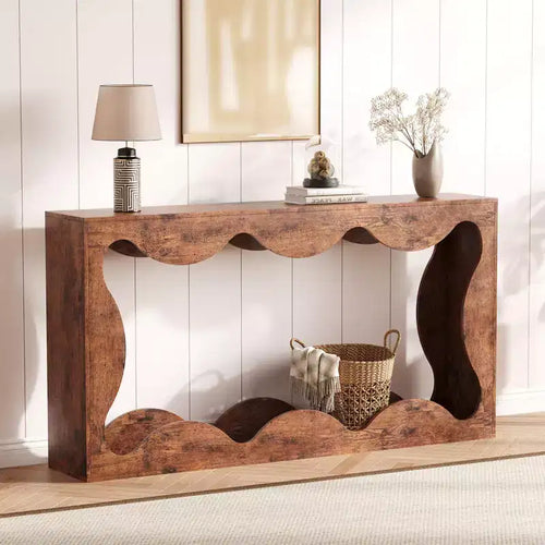 63 Console Table for Entryway, Wooden Rectangular Narrow Sofa Table Behind Couch, Scalloped Entryway Table for Living Room Hallway Entrance