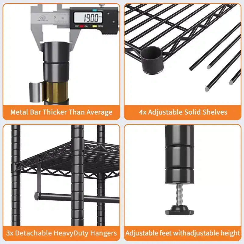 Portant à vêtements robuste avec 4 étagères, placard portable autoportant, penderie réglable, supporte jusqu'à 385 kg