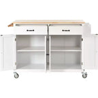 Desservante d'îlot de cuisine PexFix de 137,9 cm avec plateau en bois massif et roues verrouillables, armoire à 4 portes et deux tiroirs, support à épices et porte-serviettes, blanche