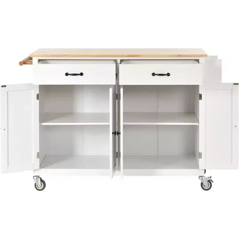 Desservante d'îlot de cuisine PexFix de 137,9 cm avec plateau en bois massif et roues verrouillables, armoire à 4 portes et deux tiroirs, support à épices et porte-serviettes, blanche