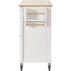 Desservante d'îlot de cuisine PexFix de 137,9 cm avec plateau en bois massif et roues verrouillables, armoire à 4 portes et deux tiroirs, support à épices et porte-serviettes, blanche