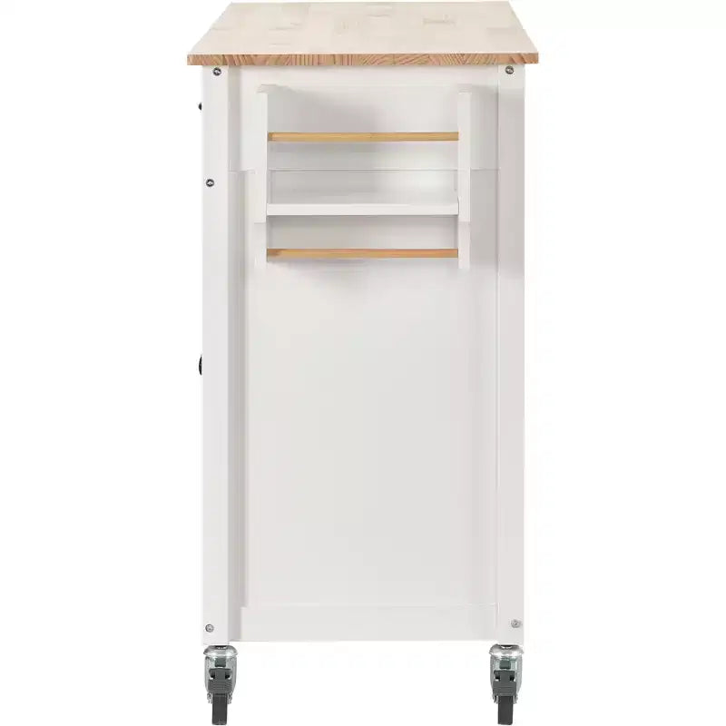 Desservante d'îlot de cuisine PexFix de 137,9 cm avec plateau en bois massif et roues verrouillables, armoire à 4 portes et deux tiroirs, support à épices et porte-serviettes, blanche