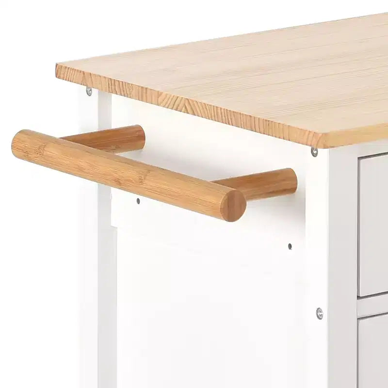 Desservante d'îlot de cuisine PexFix de 137,9 cm avec plateau en bois massif et roues verrouillables, armoire à 4 portes et deux tiroirs, support à épices et porte-serviettes, blanche