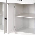 Desservante d'îlot de cuisine PexFix de 137,9 cm avec plateau en bois massif et roues verrouillables, armoire à 4 portes et deux tiroirs, support à épices et porte-serviettes, blanche