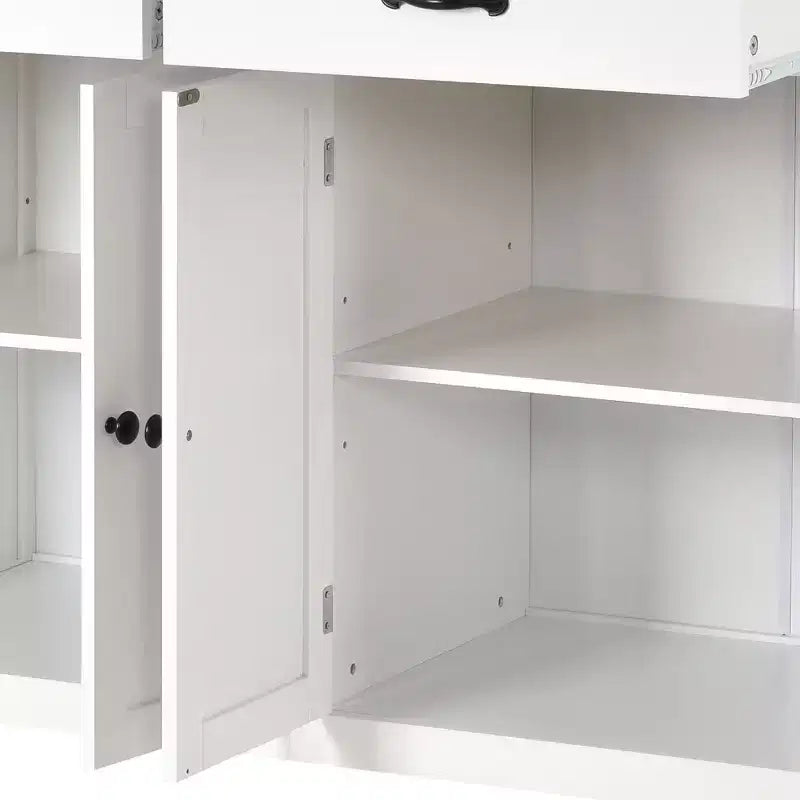 Desservante d'îlot de cuisine PexFix de 137,9 cm avec plateau en bois massif et roues verrouillables, armoire à 4 portes et deux tiroirs, support à épices et porte-serviettes, blanche