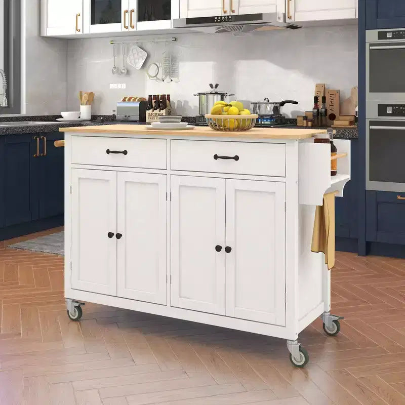 Desservante d'îlot de cuisine PexFix de 137,9 cm avec plateau en bois massif et roues verrouillables, armoire à 4 portes et deux tiroirs, support à épices et porte-serviettes, blanche
