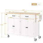 Desservante d'îlot de cuisine PexFix de 137,9 cm avec plateau en bois massif et roues verrouillables, armoire à 4 portes et deux tiroirs, support à épices et porte-serviettes, blanche