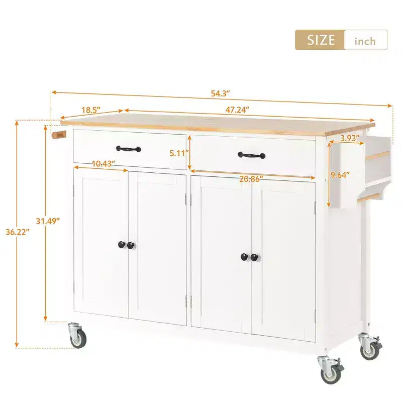 Desservante d'îlot de cuisine PexFix de 137,9 cm avec plateau en bois massif et roues verrouillables, armoire à 4 portes et deux tiroirs, support à épices et porte-serviettes, blanche