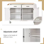 Desservante d'îlot de cuisine PexFix de 137,9 cm avec plateau en bois massif et roues verrouillables, armoire à 4 portes et deux tiroirs, support à épices et porte-serviettes, blanche