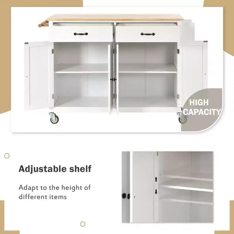 Desservante d'îlot de cuisine PexFix de 137,9 cm avec plateau en bois massif et roues verrouillables, armoire à 4 portes et deux tiroirs, support à épices et porte-serviettes, blanche
