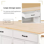 Desservante d'îlot de cuisine PexFix de 137,9 cm avec plateau en bois massif et roues verrouillables, armoire à 4 portes et deux tiroirs, support à épices et porte-serviettes, blanche