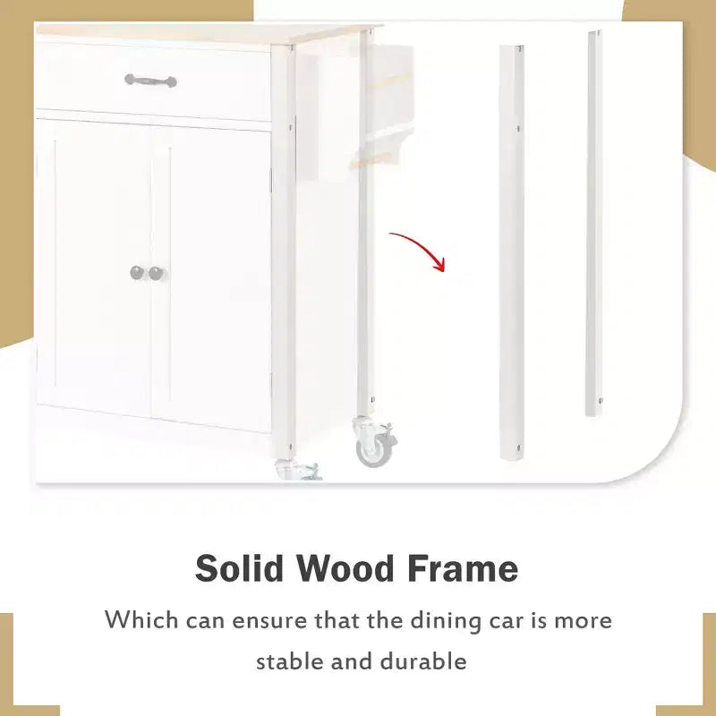 Desservante d'îlot de cuisine PexFix de 137,9 cm avec plateau en bois massif et roues verrouillables, armoire à 4 portes et deux tiroirs, support à épices et porte-serviettes, blanche